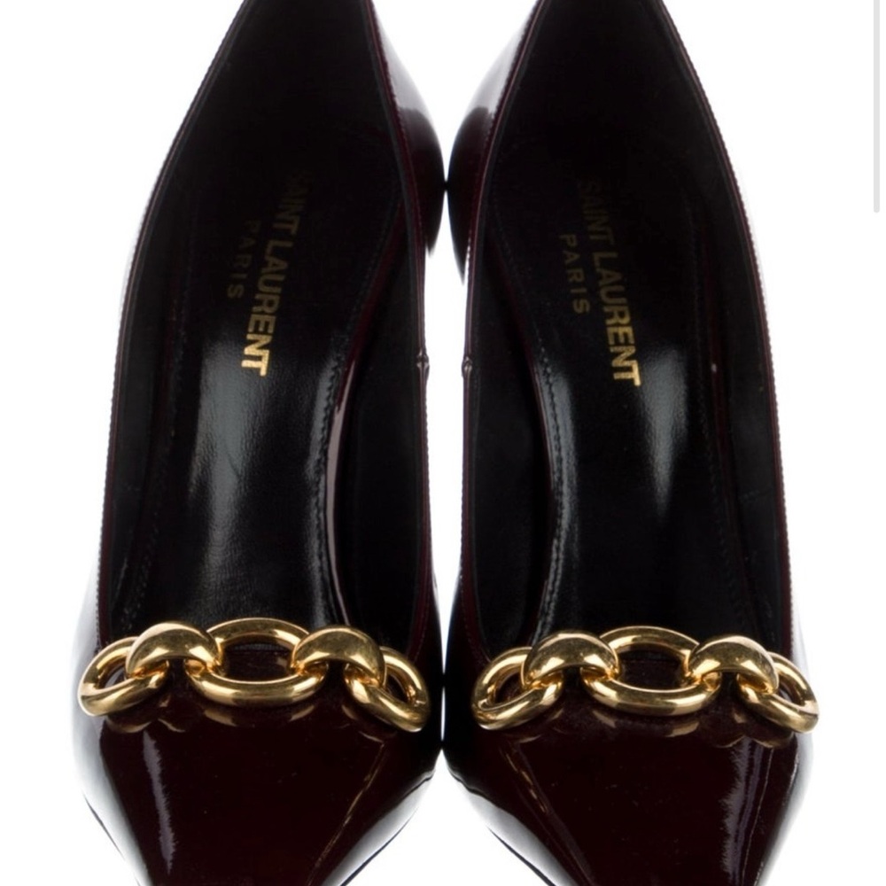 Saint Laurent Dark Red Heels with Gold Accent